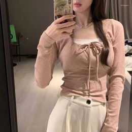Women's T Shirts Women Sexy Corset T-shirts Lace Up Long Sleeve Crop Top Sheath Fashion Spring Solid Tops Korean Clothes