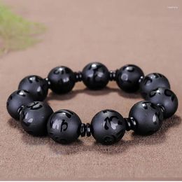 Link Bracelets Black Obsidian Six-character True Proverbs Single Bracelet Jewellery Fine Crystal Buddha Bead Carved