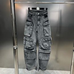 Women's Jeans 2024 Winter Collection Multi Pockets Punk Style Denim Cargo Pants Women Wide Leg GH064