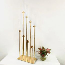 8heads gold acrylic candle holder pillar candles metal stand for wedding stage decoration walkway s For Wedding Table Centerpieces Road Lead Party Decor