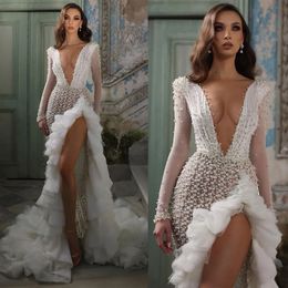 Stunningbride 2024 pérolas de luxo sereia vestidos de casamento completo beading sheer v pescoço manga longa vestido de noiva com saias em camadas vestidos de noiva