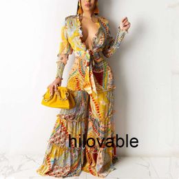 No logo fashions hilovable Womens Two Piece Pants Elegant Ruffles Classy Suits Women Long Sleeve Tie Front Blouse Shirt Ruched Wide Leg Loose Set