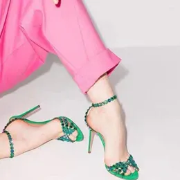 Sandals Green Purple Bling Crystal Peep-toe Thin High Heel Buckle Strap Beaded Bride Shoes Shiny Jewelry Banquet Pumps