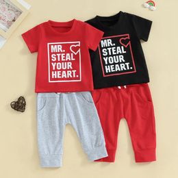 Clothing Sets 2024-11-06 Lioraitiin Toddler Boy Valentine's Day Clothes Letter&Heart Print Short Sleeve T-Shirt With Solid Colour Pants