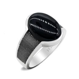Gift for Husband 925 Sterling Silver Mens Black Agate Ring Mens Large Natural Stone Ring Retro Punk Jewelry Men Men7-13Size 240220