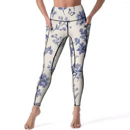 Women's Leggings Vintage Floral Yoga Pants Sexy Blue Flowers Print Design High Waist Running Leggins Breathable Stretch Sports Tights