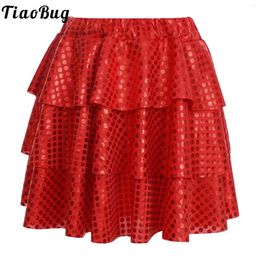 Stage Wear Kids Girls Shiny 3 Layers Ruffled Skirts Elastic Waistband Tiered Skirt For Latin Chacha Street Dance Performance Costume