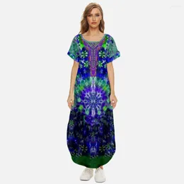 Party Dresses Women Maxi Summer Casual Loose Vintage Tie Dye Printed Short-sleeved Hem Irregular Round Neck Dress