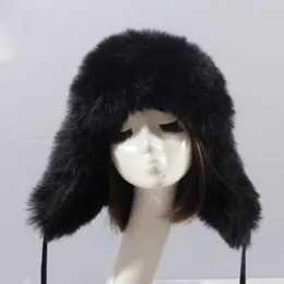 Berets Earflap Hat Thickened Fluffy Windproof Cute Ball Down Lining Ear Protection Faux Fur Men Women Outdoor Cycling Winter Cap