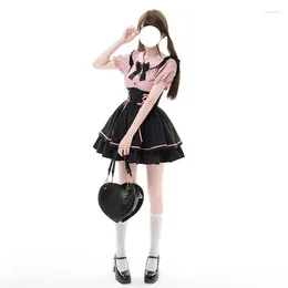 Skirts Korean Style College JK Girl Doll Collar Bow Shirt High Waist Lace-up Ruffled Sweet Lolita Strap Skirt Y2K Princess Mini