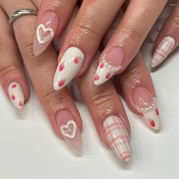 False Nails 24Pcs Strawberry Press On 3D Heart Pearl Decorated Nail Art Removable Waterproof Artificial Wearable Tips