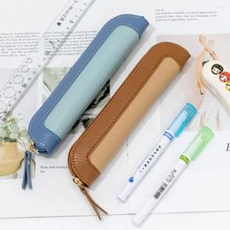 Leather Pen Bag High Quality Curved Zipper Dual Colour Pouch Waterproof Stationery Storage Students
