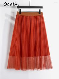 Skirts Qooth Elastic Waist Solid Colour Mesh Tutu Skirt Elegant Long Thin Tulle For Spring Summer QT2117