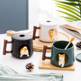 Creative Cute Handmade Shiba Inu Mug With Lid Spoon Ceramic Dog Mugs Personalised Cup For Coffee Tea Kitchen Tableware Love Gift L263I