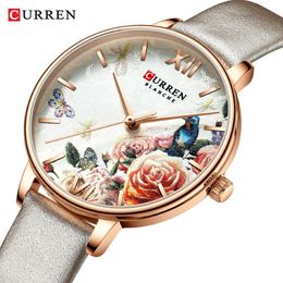 CURREN Beautiful Flower Design Watches Women Fashion Casual Leather Wristwatch Ladies Watch Female Clock Women's Quartz Watch234f