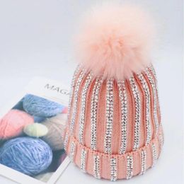 Berets Wool Ball Knitted Hat For Women In Winter Warm Ear Muffs Rhinestone Luster Thickened Beanie Hats Wholesale