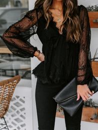 Women's Blouses Sexy Lace Women Autumn Long Sleeve V Neck Black Shirts Female Elegant Fashion Hollow Out Embroidery Bow Up Blusas