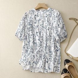 Women's Blouses Elegant Round Neck Floral Shirt Women Printing Cotton Linen Tops Blouse Camisas De Mujer