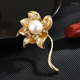 Brooches Spring High-grade Fresh Water Pearl Elegant Enamel Lotus For Women Luxury Zircon Corsage Clothing Accessories Pins