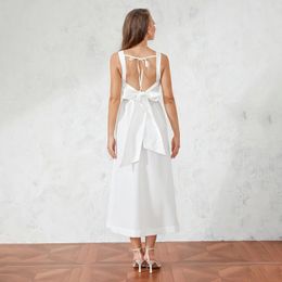 Casual Dresses Women Back Bow Party Club Slip Dress Sleeveless Backless Tie-up Solid Color Summer Swing Long Black/White