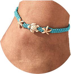 Boho Anklets Bracelets Blue Turtle Starfish Anklet String Bracelet Summer Beach Waterproof Barefoot Sandals Foot Jewellery for Women 22119