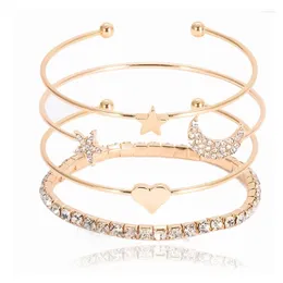 Charm Bracelets 2024 Fashion Women's Four-piece Combination Adjustable Opening Rhinestone Bracelet Simple Star And Moon Peach Heart