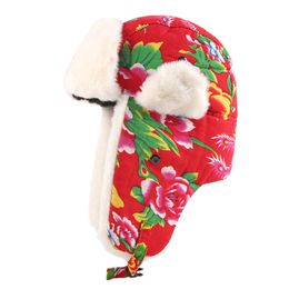 Floral Winter Trapper Hat for Women Faux Fur Russian Ushanka Hunting Skiing Snow Cap with Ear Flaps 2289