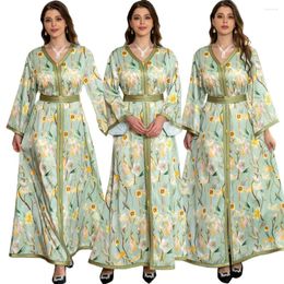 Ethnic Clothing Abayas For Women Dubai Turkey 2024 Ramadan Floral Print Long Sleeve Maxi Dress Belted Islamic Robe Vintage Femme Kaftan