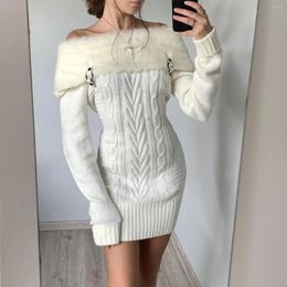 Casual Dresses Fashion Women's Sweater Dress Long Sleeve Off-shoulder Furry Patchwork Slim Fit Mini Bodycon Streetwear Y2k
