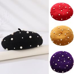 Winter Wool Berets Pearl French Style Beanie Cap Solid Colour Winter Hat Beaded Beret Cap for Women and Girls Casual Use 2286