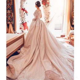 Stunningbride 2024 Arabic Rose Gold Sparkly Wedding Dresses Lace Beaded Long Sleeves Bridal Dress Vintage Sexy Chapel Train Wedding Gowns