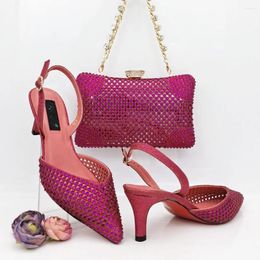 Sandals Gorgeous Fuchsia Thin Heels 7CM Women Pointed Toe Shoes Match Crystal Handbag African Dressing Pumps And Bag Set QSL071