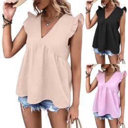 Women's Blouses 2024 Sleeveless Strap Top Ruffle Vest Women V-Neck Pleated Loose-Fit Tunic