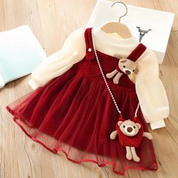 Girl Dresses Girls' Dress Set 2024 Autumn Korean Edition Bow Tank Top Mesh Two Piece Casual 0-6 Years Old