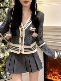 Work Dresses Kawaii Japanese Grey Knitted Suits Women Casual Y2k Crop Tops Cardigan Mini Pleated Skirt 2024 Autumn 2 Piece Sets Chic