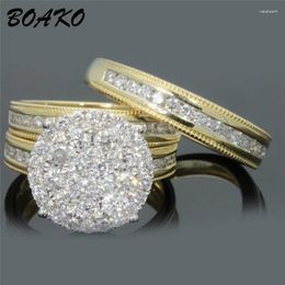 With Side Stones BOAKO 2Pcs Engagement Wedding Ring Set For Women Female Party Jewellery Anniversary Promise Rings Full Shiny Cubic Zircon