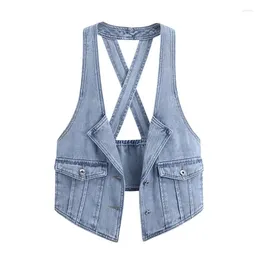 Women's Vests Women Denim Vest Summer Fashion Coat Short Waistcoat Hang Neck Outside Take Pocket Single-Breasted Lady Cowboy Shawl Jacket