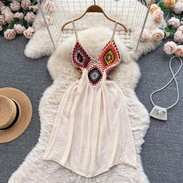 Casual Dresses Summer Dress Women 2024 Bohemian Clothes Vintage Crochet Patchwork Boho V Neck Spaghetti Strap Short