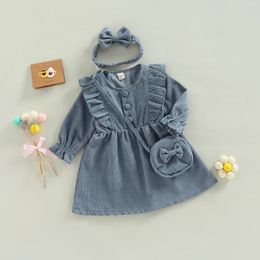 Girl Dresses CitgeeAutumn Kids Toddler Sweet Dress Long Sleeve Ruffled Button A-Line Bow Headband And Bag Clothes