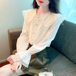 Women's Blouses Fashion Woman Blouse 2024 Elegant And Youth Embroidery Lace Doll Collar Shirts Trumpet Sleeves Women Tops