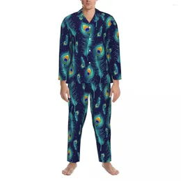 Men's Sleepwear Animal Design Autumn Peacock Bird Feathers Vintage Oversized Pyjama Sets Long Sleeve Trendy Bedroom Home Suit