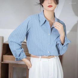 Women's Blouses Autumn Shirts Light Blue Striped Denim Shirt Sale French Drop Shoulder Lazy BF Chic Girls Tops