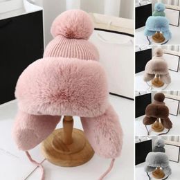 Berets Stylish Bomber Hat Ear Cap Cold Proof Thicken Fluffy Plush Ball Fixing Rope