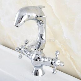 Bathroom Sink Faucets Polished Chrome Dolphin Shape Deck Mounted Dual Handle Basin Faucet And Cold Water Mixer Taps Tsf852