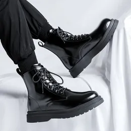 Boots Mens Fashion Platform Lace-up Natural Leather Shoes Business Office Dresses Cowboy Ankle Boot Black Tide Motorcycle Botas