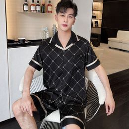 Summer New Pajamas Men's Ice Silk Open Front Diamond Checkered Home Fury Set for Leisure and Comfortable