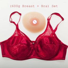 Bras (600g/pair Beige Silicone Boobs Shemale Crossdresser CD Cosplay Artificial Breast Form Sexy Lace Satin Pocket Bra) Set