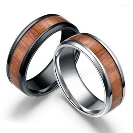 With Side Stones QCOOLJLY 316L Stainless Steel Finger Rings Durable Vintage Titanium 8mm Ring Wood Grain Jewellery For Men