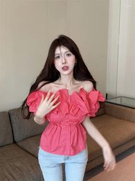 Women's Blouses Korejepo French Ruffle Edge Shirts Sexy Off Shoulder Clavicle Fashionable Top 2024 Summer High Street Women Wear