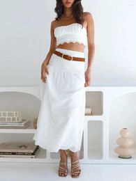 Skirts Women Summer Outfits Solid Colour Eyelet Strapless Tube Tops High Waist Long 2 Pieces Clothes Set